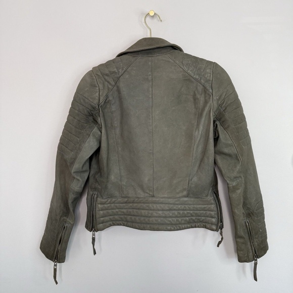 AllSaints Leather Sail Biker Moto Jacket Green Women's Size US 6 NWT Distressed - Picture 6 of 14